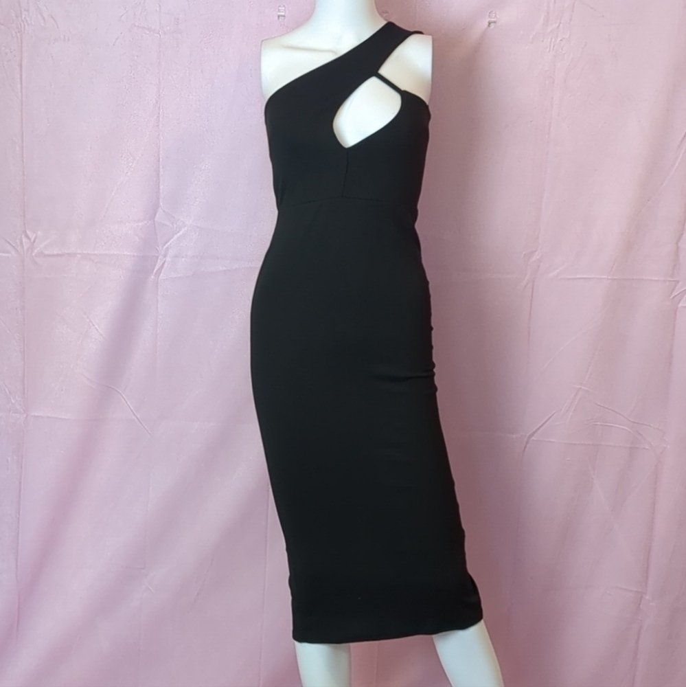 PrettyLittleThing Black One Shoulder Asymmetric Sleeveless Midi Dress size 4